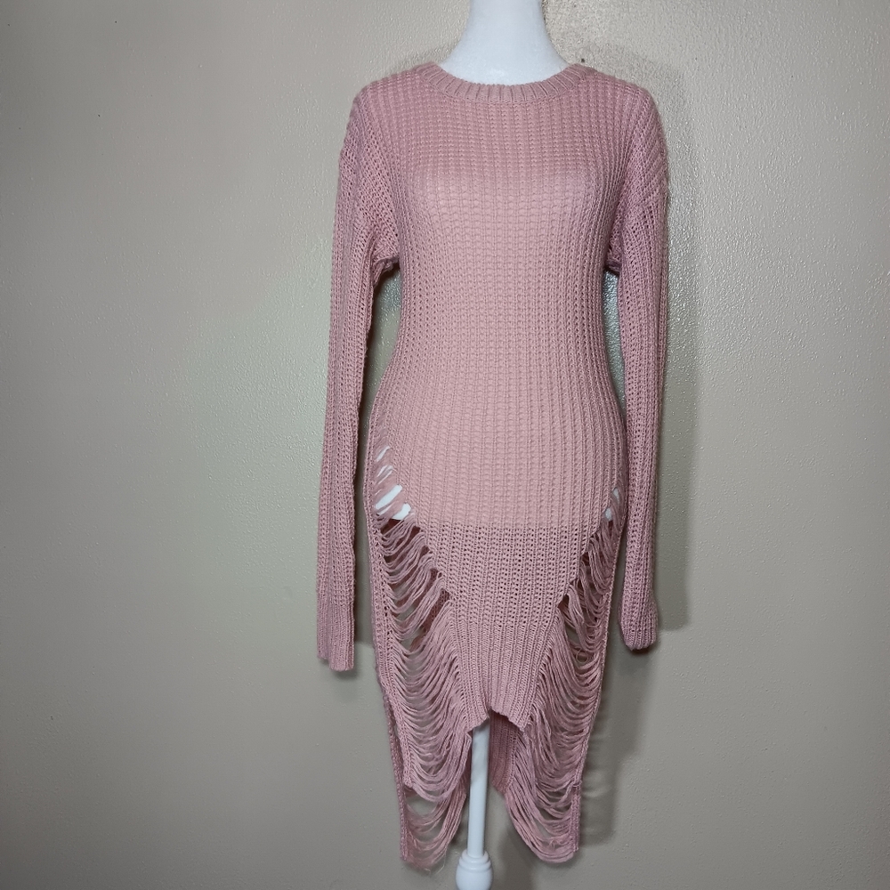 Fairy Grunge Pink Knit Sweater Distressed Fringe Dress Size Large, Thrashed VTG
